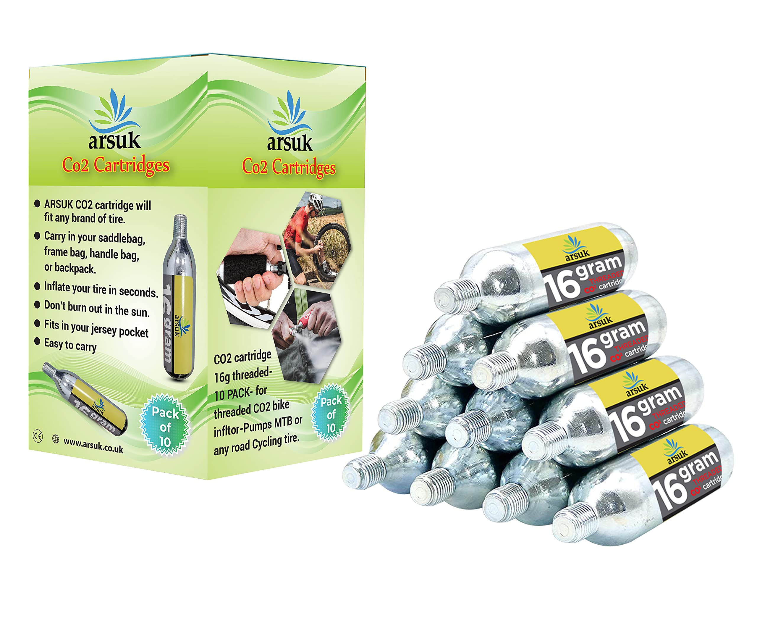 Arsuk 16g Threaded CO2 Cartridges – Pack of 10 - Fast Air Refill for Bike Tire Inflator – Fits Presta & Schrader Valves – Lightweight CO2 Cartridges for Road, Mountain Bikes, and Bicycle