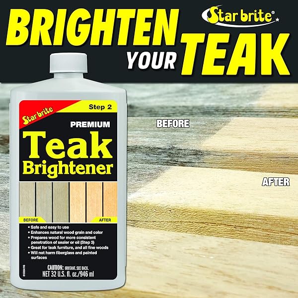 STAR BRITE PREMIUM TEAK BRIGHTENER – ENHANCES NATURAL WOOD GRAIN & RESTORES TONE & COLOR WHILE PREPARING FOR A MORE CONSISTENT APPLICATION OF TEAK OIL, SEALER OR STAIN – 32 OZ (081532)