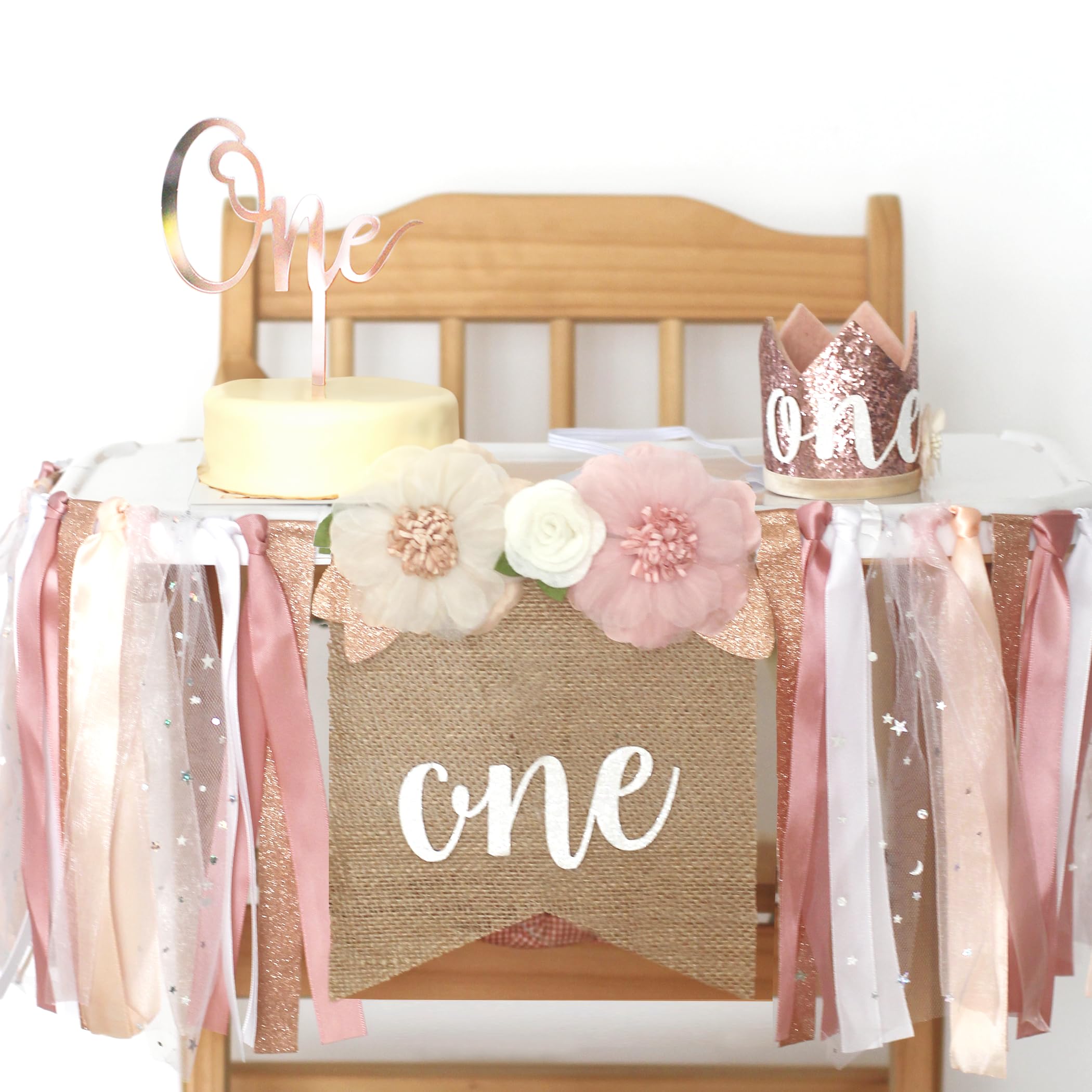 Photo 1 of 1st Birthday Party Decorations for Girls by Innerspark, Pink and Gold Floral Set, Ribbon High Chair Banner, Birthday Hat, Cake Topper, One High Chair Banner, Girl’s First
