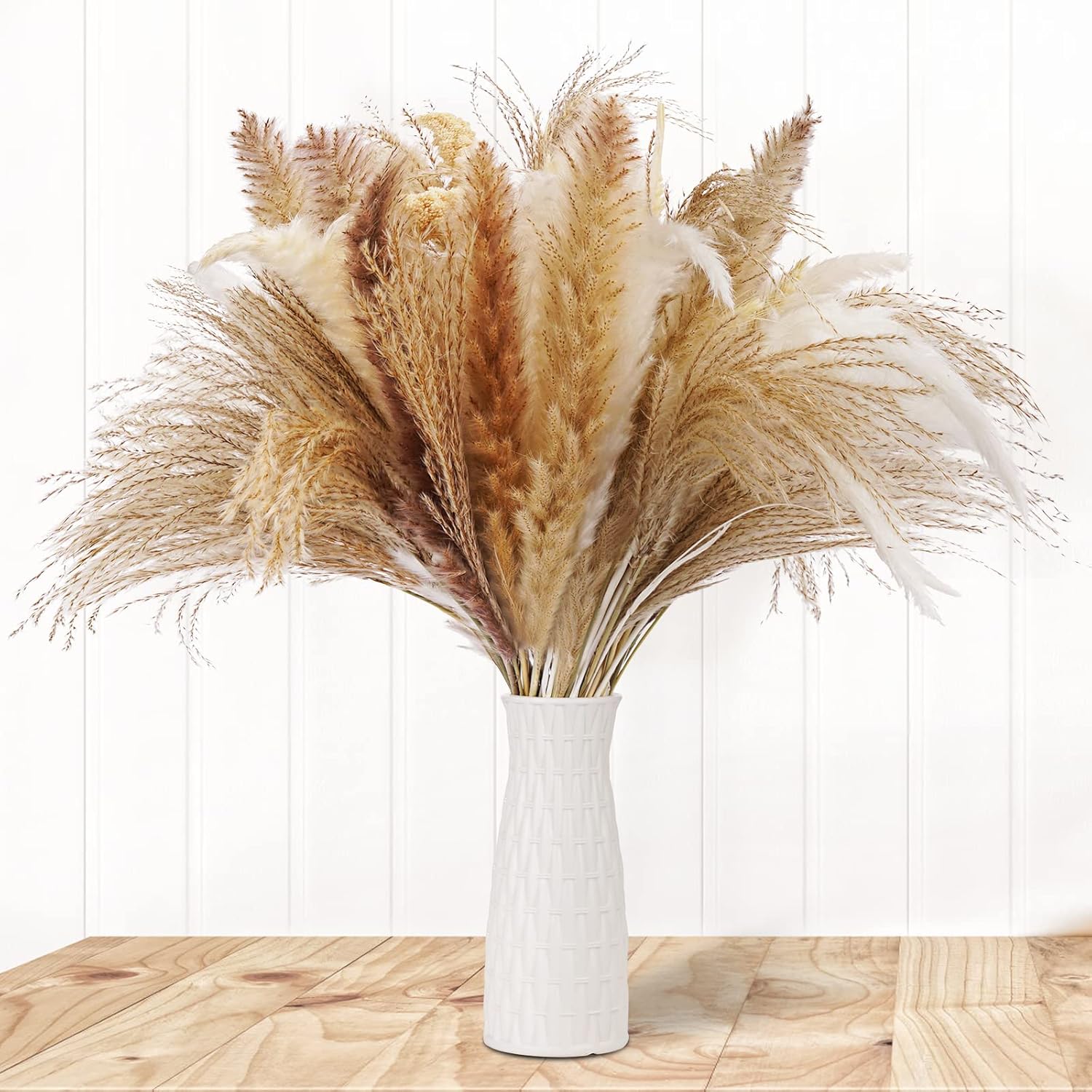 Dried & Preserved Flora - 80Pcs+Vase Natural Dried Pampas Grass Decor, Fluffy Boho Decor Pompous Grass, Home Decor, Farmhouse Kitchen Decor,Deco vase with Dried, 3 Colors Bathroom Decor|Small Pampas Grass with Vase Included