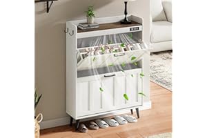 ChooChoo Shoe Storage Cabinet with 2 Flip Drawers, Deodorizing Shoe Organizer Storage for Entryway, Freestanding Hidden Slim Narrow Shoe Rack Cabinet, Antique White & Brown