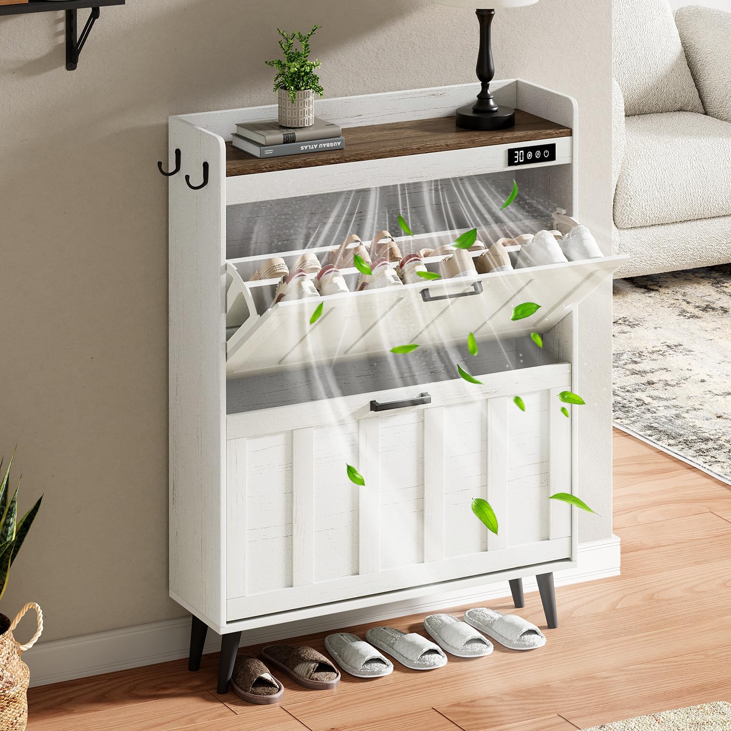 Photo 1 of (parts only, missing parts) ChooChoo Shoe Storage Cabinet with 2 Flip Drawers, Deodorizing Shoe Organizer Storage for Entryway, Freestanding Hidden Slim Narrow Shoe Rack Cabinet, Antique White & Brown
