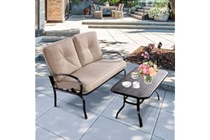 HAPPYGRILL 2 Piece Patio Loveseat with Coffee Table Outdoor Garden Backyard Bench Sofa with Cushion