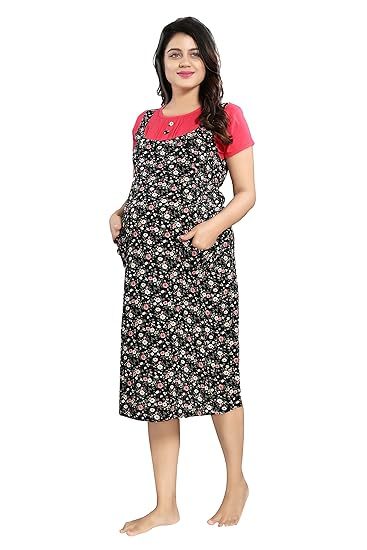 Peach & Black Rayon Printed Maternity Dress