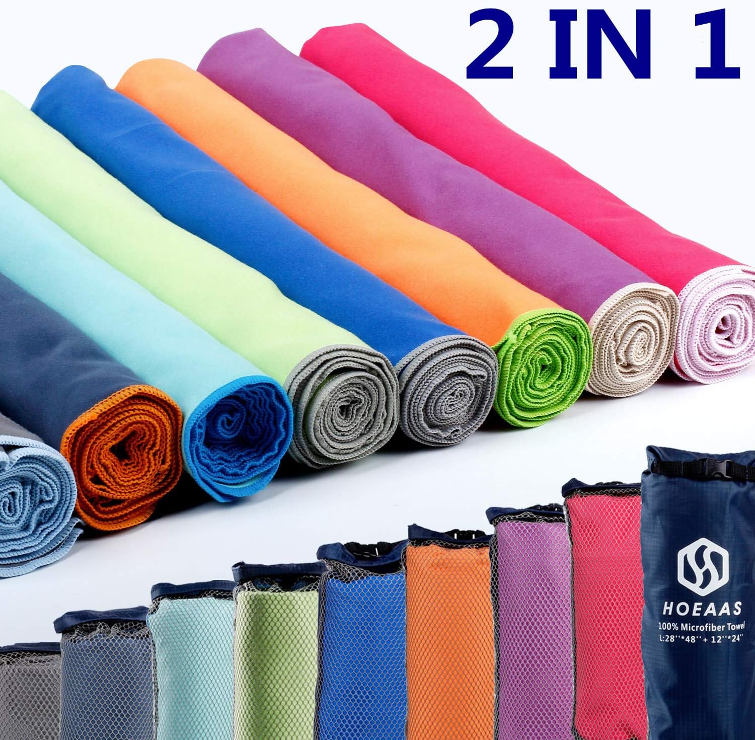 HOEAAS Microfiber Sport Travel Towel Set-(Size:S, M, L, XL, XXL)- Quick Dry, Super Absorbent, Ultra Compact Towel-Fit for Beach Yoga Golf Gym Camping Backpacking Hiking +Hand Towel & Carry Pouch