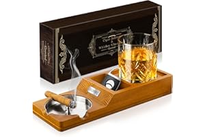 Grovind Cigar Ashtray with Whiskey Glass Tray,Wooden Ashtrays Cigar Accessories Cigarette Holder,Father's Day Cigar Gifts for Men,Outdoor Ashtrays for Patio,Ash Trays Indoor Decor for Home Office Bar