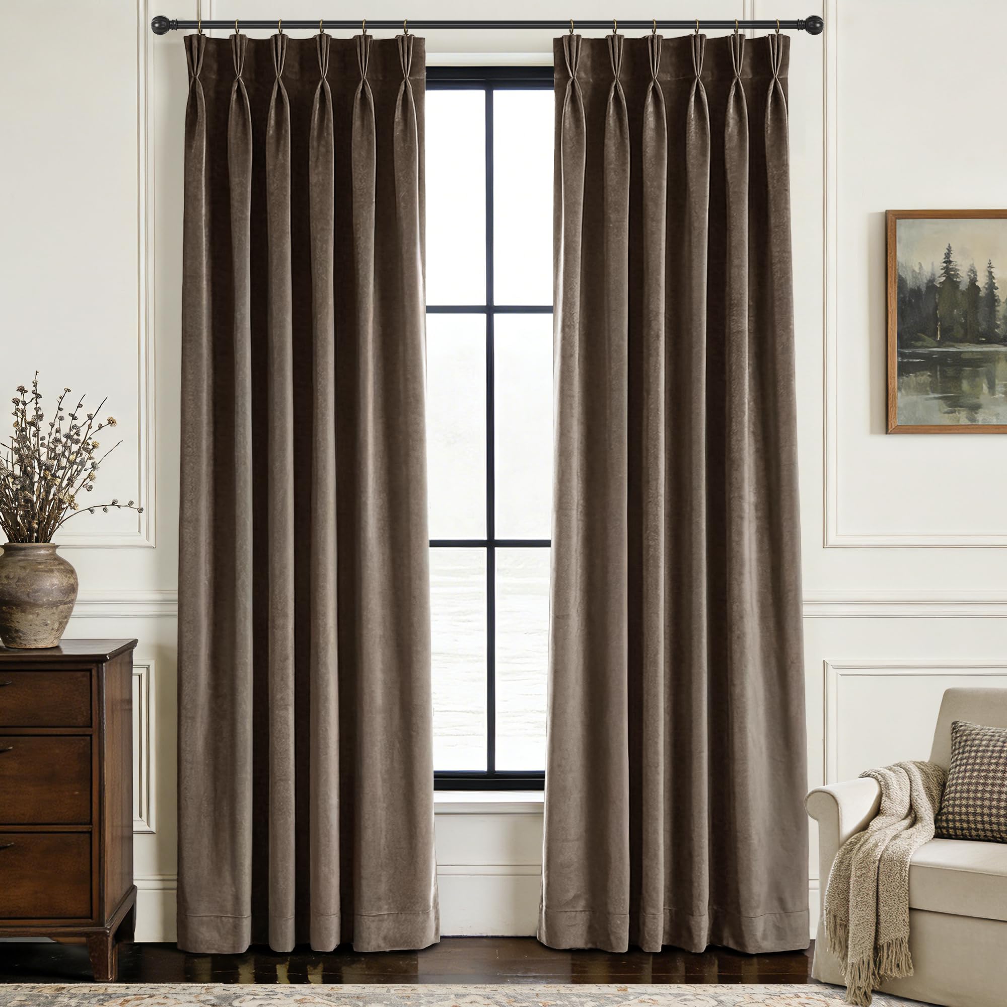 Jolilight Pinch Pleated Brown Velvet Curtains for Living Room Modern Elegant Plush Velvet Luxury Fab