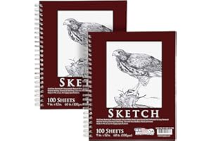 U.S. Art Supply 9"x12" Sketch Book Pad, 2 Pack (100 Sheets Each), 60lb (100gsm) Spiral Bound - Sketching, Drawing Pad, Acid-Free Paper - Sketch Pads for Adults, Students: Colored Pencils, Charcoal
