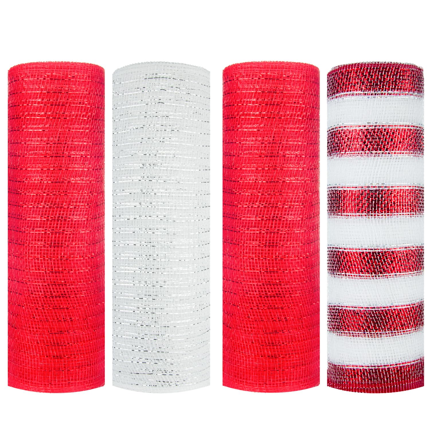 Mesh Ribbon- Deco Mesh Wreath Supplies- Metallic Foil Red and White Deco Mesh 10 Inch- Christmas Mesh for Wreath Making, Bows, DIY, Swags- 4 Pack