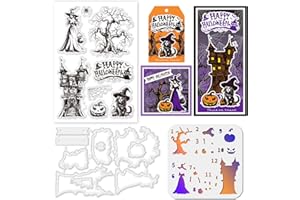 ACRNIGHEET 3PCS Halloween Stamps and Dies Set Layered Stencil for Card Making Halloween Theme Clear Stamps and Metal Cutting Dies for Paper Crafting Witch Castle Painting Stencil for DIY Scrapbooking