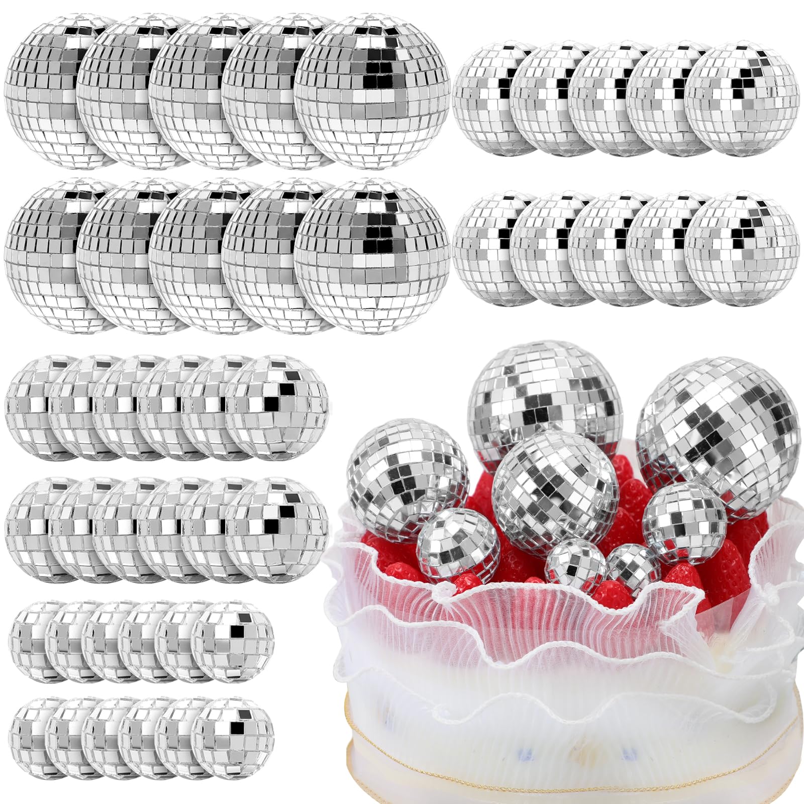 Photo 1 of Geetery 70 Pcs Disco Ball Cake Topper Various Sizes Reflective Mirror Silver Mini Small Disco Ball Cake Decorations for Centerpiece 70s 80s Birthday Party Wedding Decor