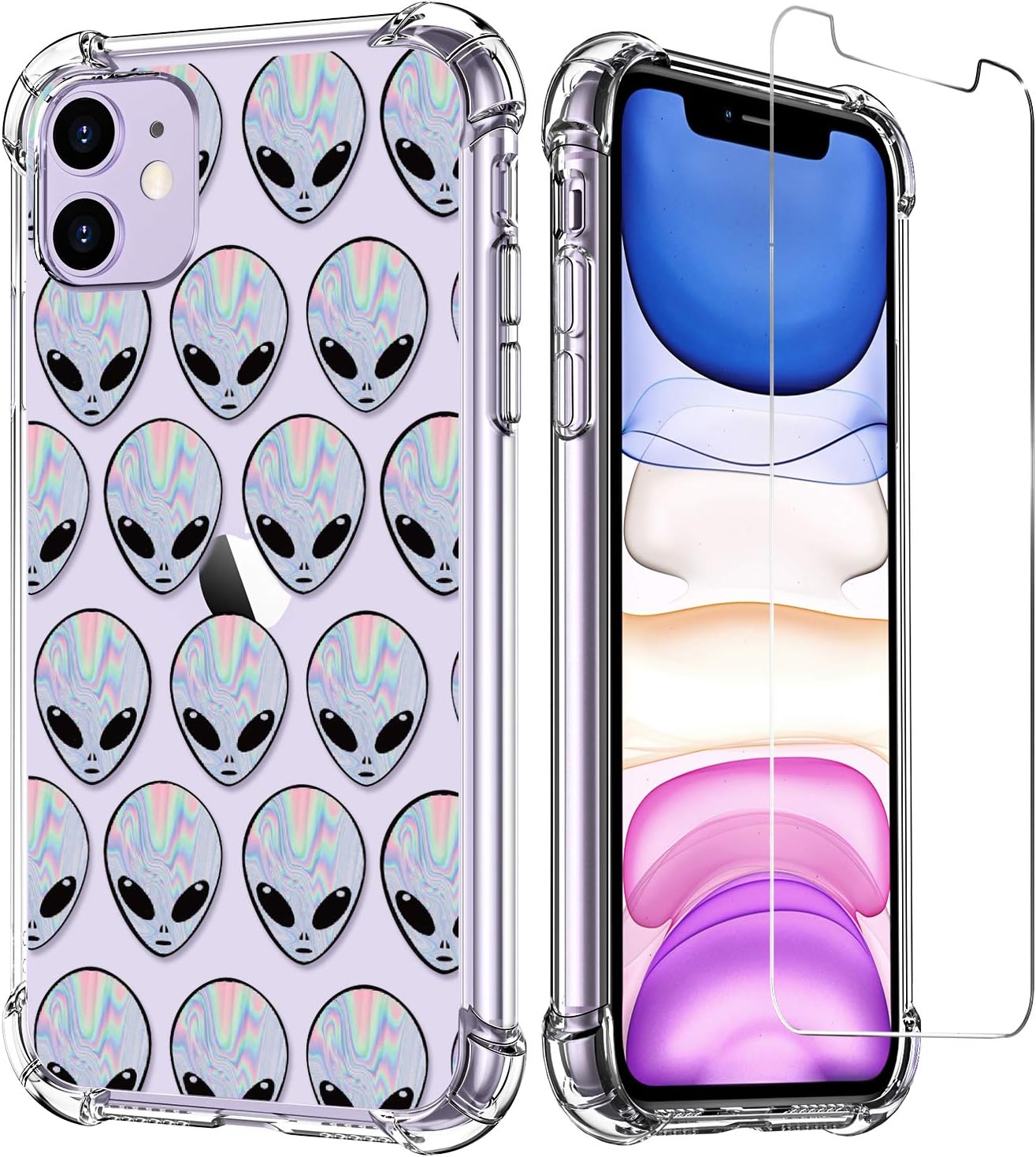 LUXVEER iPhone 11 Case with Tempered Glass Screen Protector,Aliens on Soft TPU Bumper Cover for Grils Women,Shockproof Slim Fit Protective Phone Case for Apple iPhone 11 6.1 inch