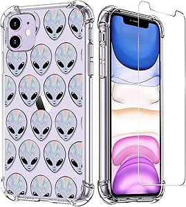 LUXVEER iPhone 11 Case with Tempered Glass Screen Protector,Aliens on Soft TPU Bumper Cover for Grils Women,Shockproof Slim Fit Protective Phone Case for Apple iPhone 11 6.1 inch