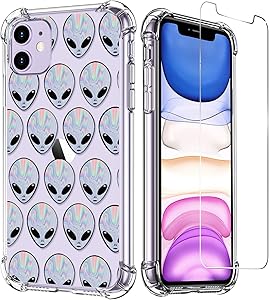 LUXVEER iPhone 11 Case with Tempered Glass Screen Protector,Aliens on Soft TPU Bumper Cover for Grils Women,Shockproof Slim Fit Protective Phone Case for Apple iPhone 11 6.1 inch