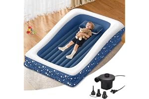 Abdtech Inflatable Toddler Travel Bed: Portable & Safety - Blow Up Toddler Bed Travel with 4 Sides - Kids Air Mattress Ideal for Outdoor Camping - Easy to Inflate Deflate and Clean (67”, Blue)