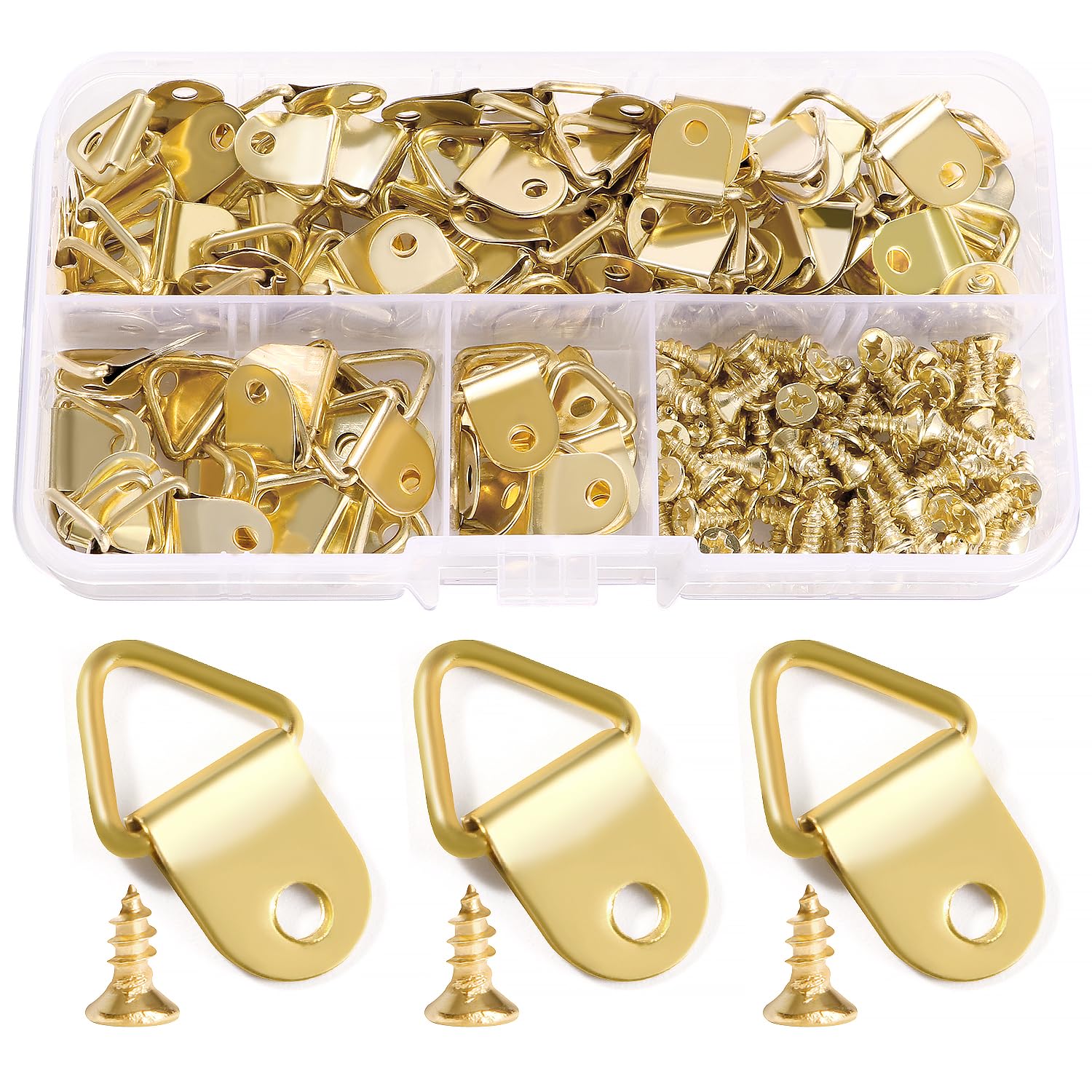 YIXISI 100 PCS Frame Hanging Hangers, Small Triangle Ring Picture Hangers, D Rings Picture Hanger, Triangle Ring Hanger with 100 PCS Screws, for Picture Photo Frame Hanging Home Decoration, Gold
