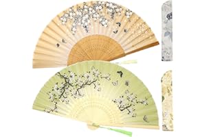 Zolee 2 Pieces Small Folding Hand Fans - Chinese Japanese Vintage Bamboo Silk Fans - for Dance, Performance, Decoration, Wedding, Party，Gift (0306)