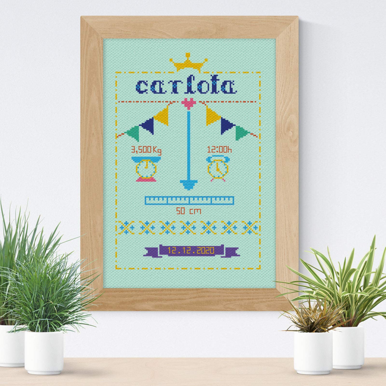 DELICATELA Cross Stitch Kit | Birth | Aida Fabric 14 ct. 40 cm x 25 cm | Embroidery Threads | Cross Stitch Schemes