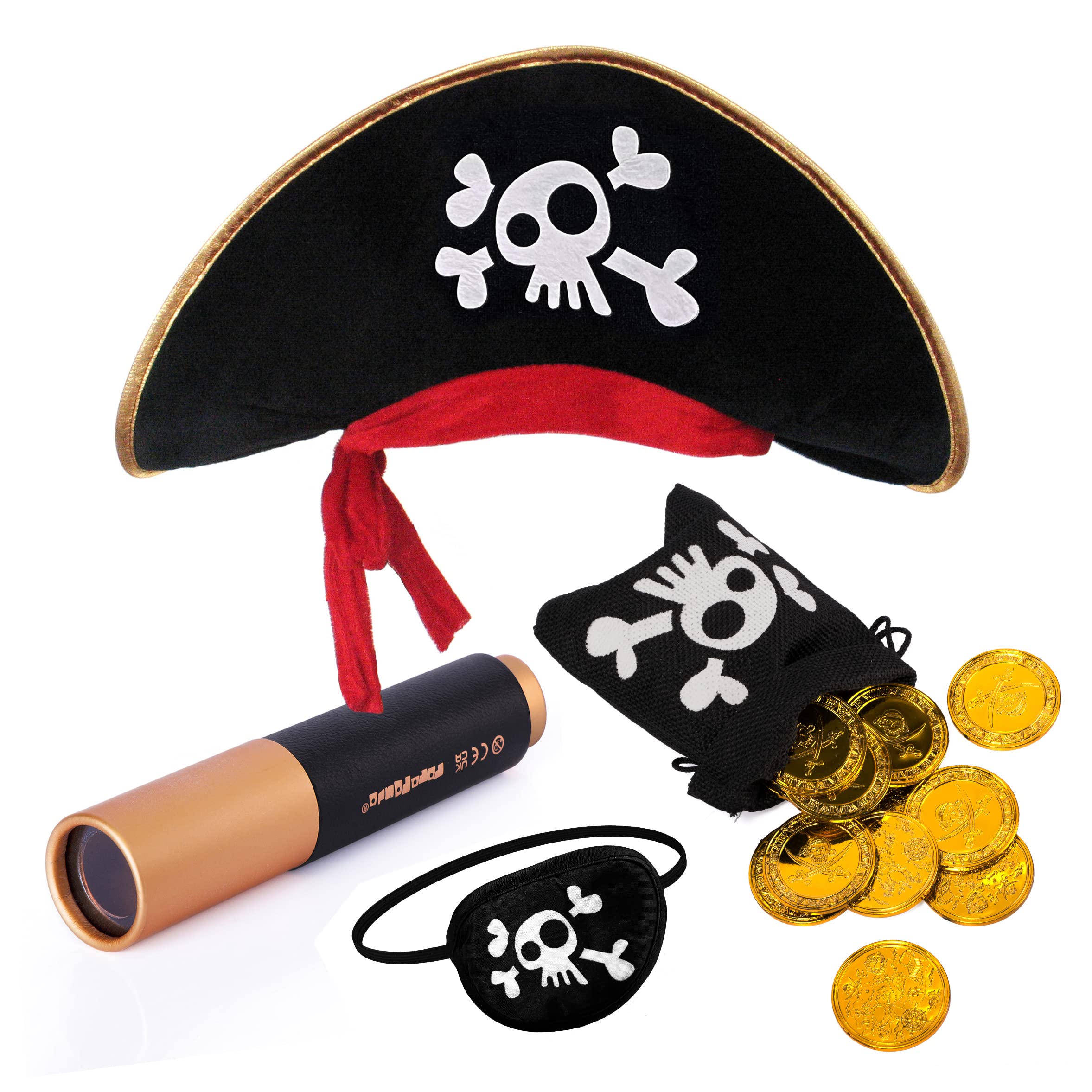 papapanda Pirate Hat Eye Patch Telescope Gold Coins Treasure Bag Kids
