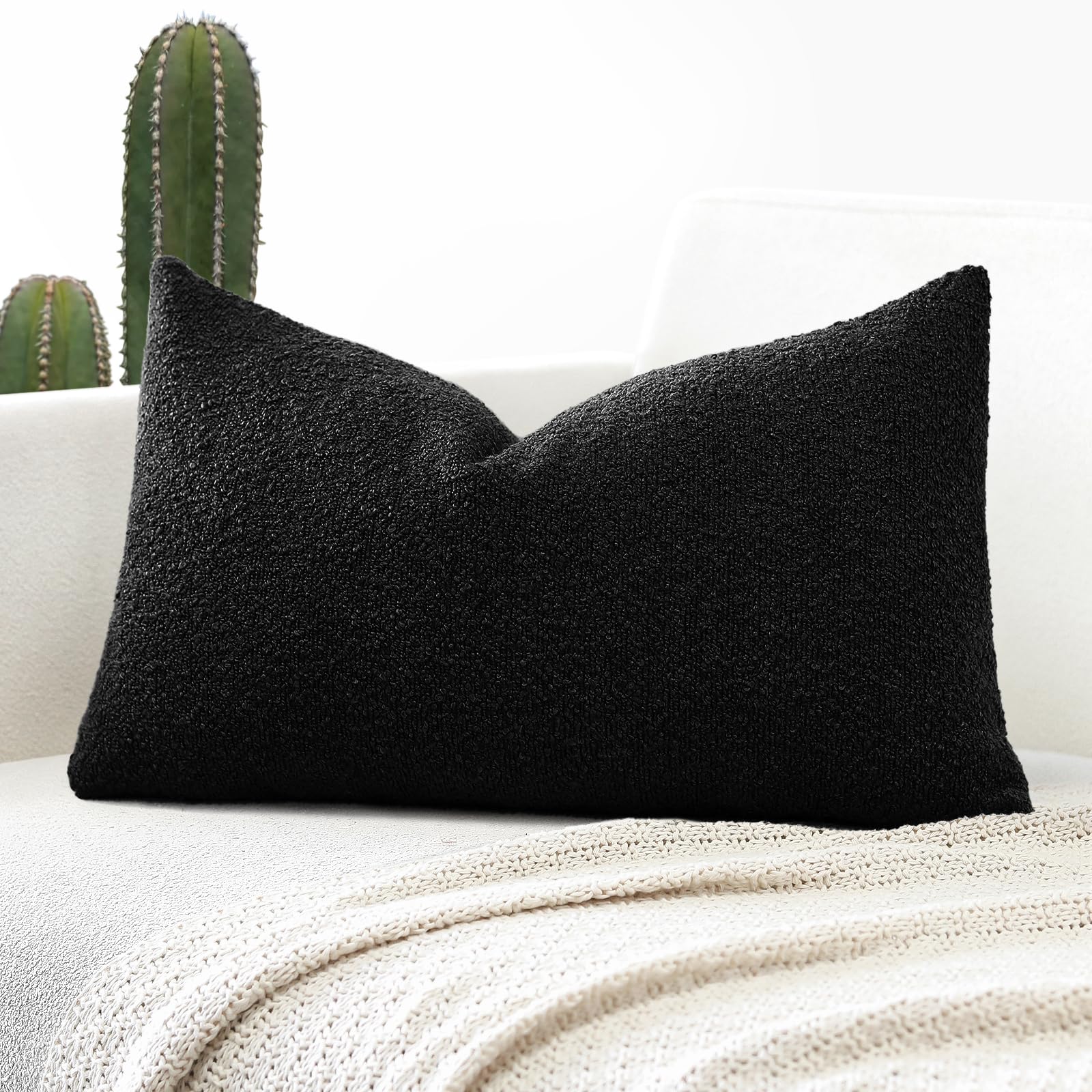 Artscope Pack of 1 Textured Boucle Cushion Covers Lumbar Pillow Cases Cozy Soft Decorative Couch Pillow Covers for Chair Sofa Bedroom Living Room Home Decor 40x60cm, Black
