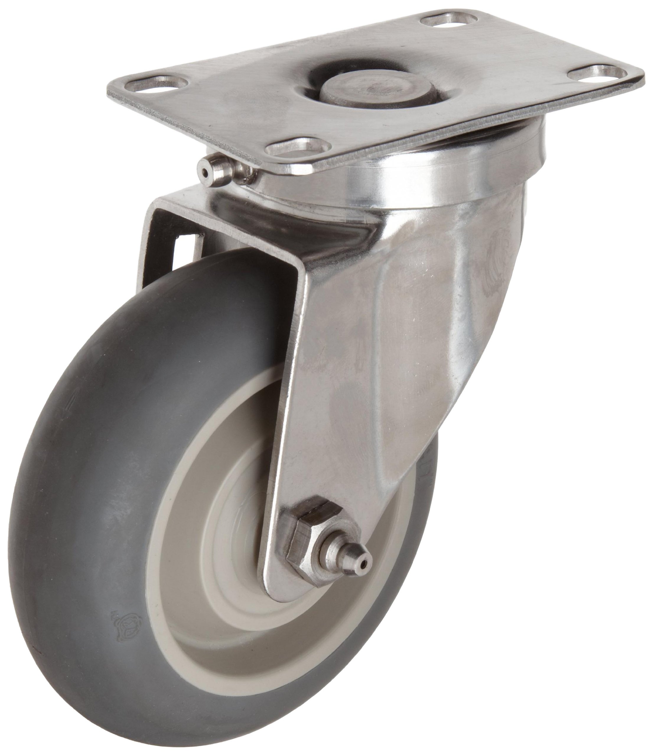 E.R. Wagner Plate Caster, Swivel, Dust Cover, Donut Tread, TPR Rubber on Polyolefin Wheel, Stainless Steel Plate, Delrin Bearing, 250 lbs Capacity, 4" Wheel Dia, 1-1/4" Wheel Width, 5-1/16" Mount Height, 3-5/8" Plate Length, 2-3/8" Plate Width