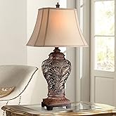 Barnes and Ivy Leafwork Vase 32 1/2" Tall Large Traditional End Table Lamp Brown Wood Finish Single Tan Rectangular Shade Cot