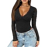 Saslax Women's Lace Bodysuit Sexy Deep V Neck Long Sleeve Body Suits Thong Slim Fit Double Lined Y2K Going Out Tops
