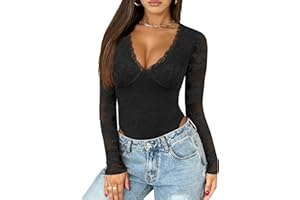 Saslax Women's Lace Bodysuit Sexy Deep V Neck Long Sleeve Body Suits Thong Slim Fit Double Lined Y2K Going Out Tops