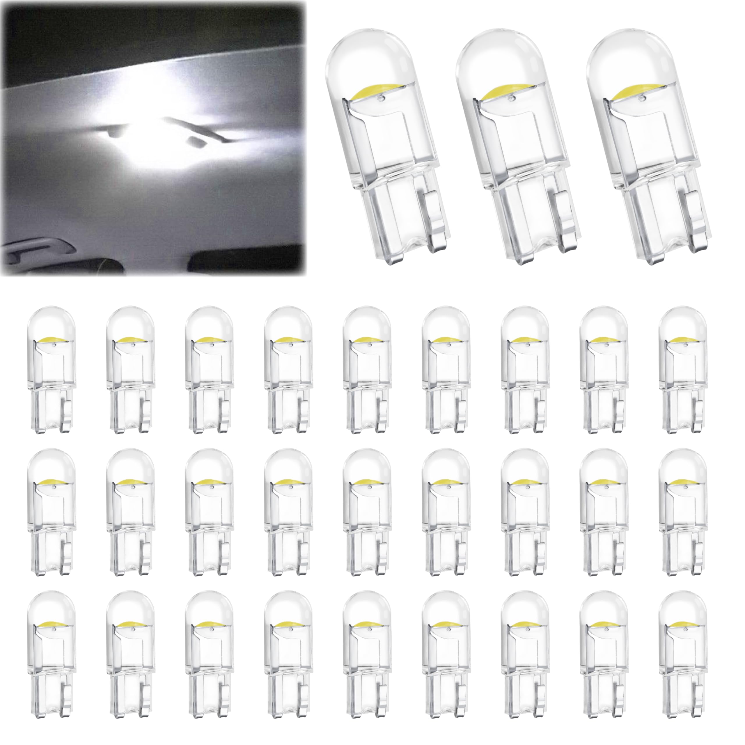 Photo 1 of 30 PCS Car 194 LED Bulbs, 168 2825 W5W T10 Wedge COB LED Replacement Bulb, 6000K License Plate Light Bulb, Error Free Interior Bulb for Dashboard Light, Dome Lights,License Plate Lights (White)