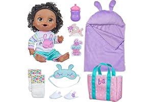 Baby Alive Bunny Sleepover Baby Doll, Bedtime-Themed 12-Inch Dolls, Sleeping Bag & Bunny-Themed Doll Accessories, Toys for 3 Year Old Girls and Boys and Up, Black Hair (Amazon Exclusive)