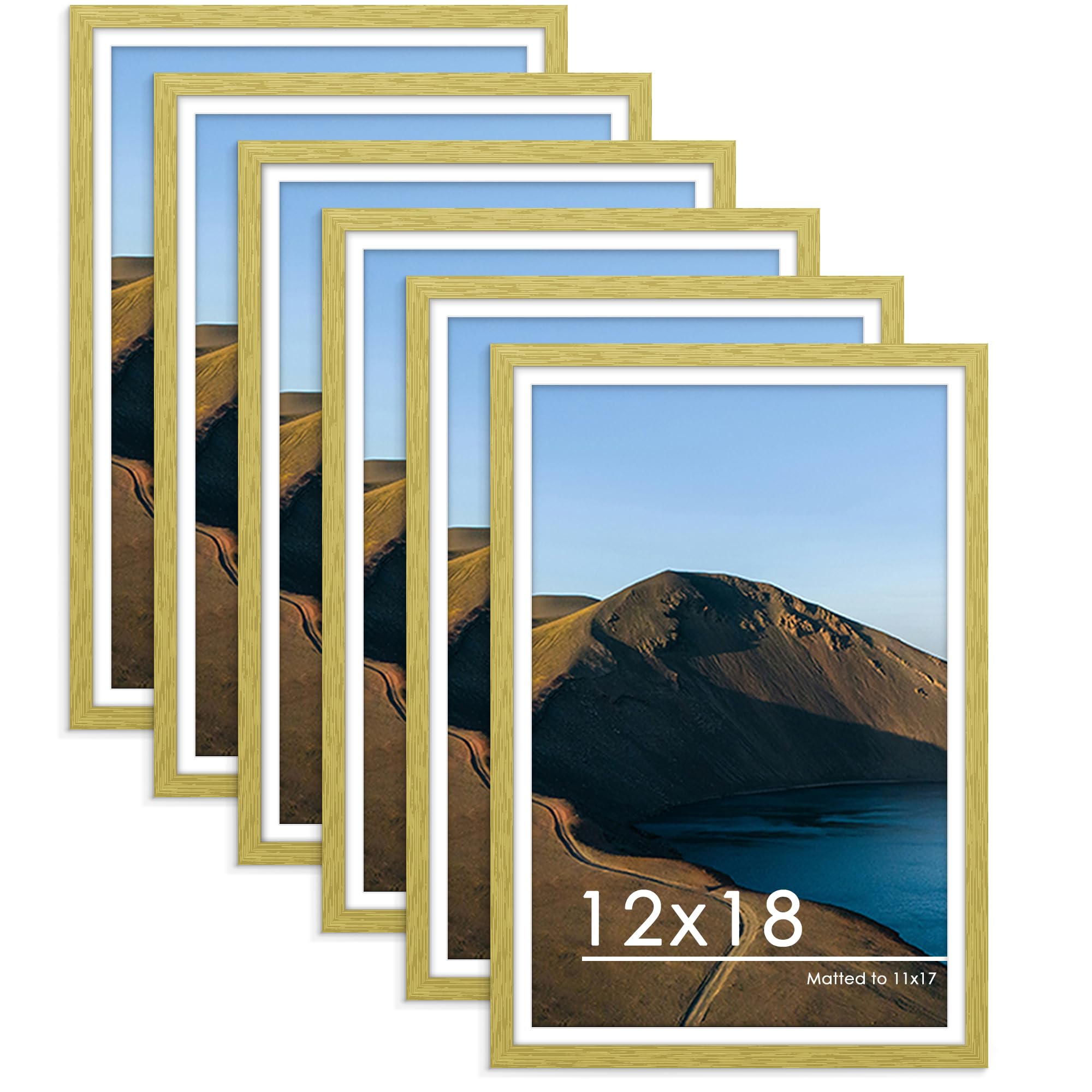 PEALSN 12x18 Picture Frame Set of 6, Display Pictures 11x17 with Mat or 12 x 18 without Mat for Wall Mounting Display, Photo Frames Collage for Wall Decor, Gold Image
