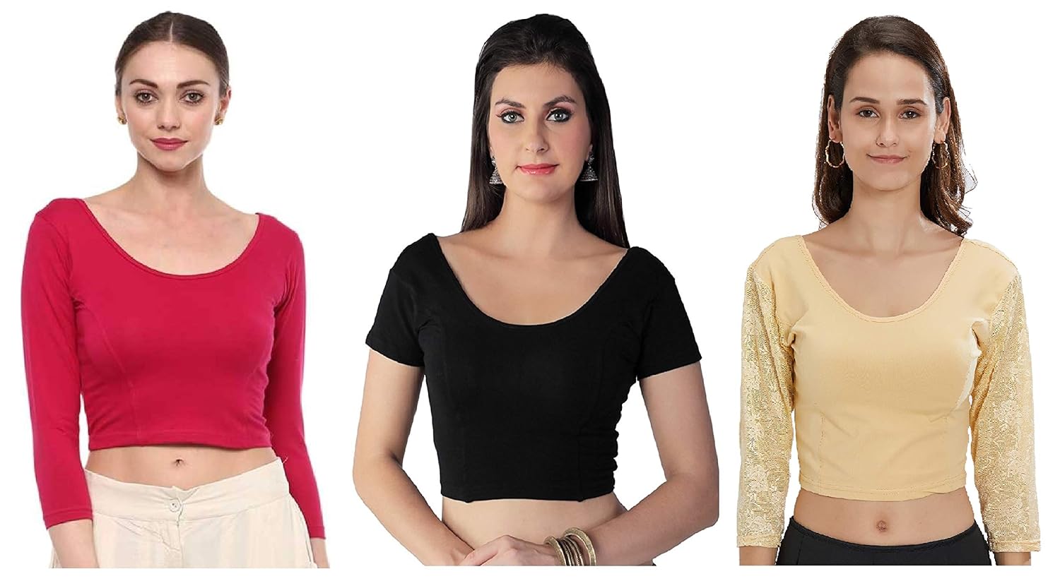 fressia fabrics women's stretchable readymade saree blouse crop top choli pack of 3