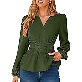 Simplee Womens Blouses Long Sleeve Peplum Boho Tops Fall Dressy Casual V Neck Swiss Dot Babydoll Tops Fashion Shirts