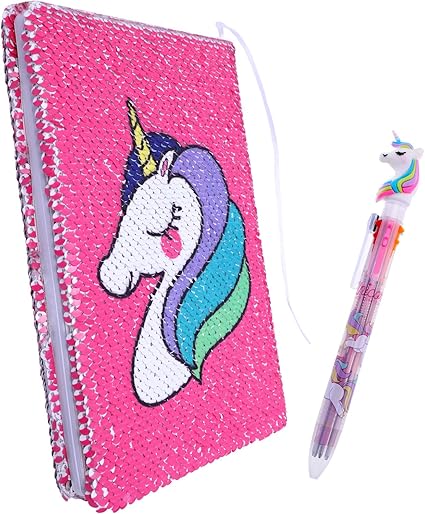 Chaungdi 2 Pieces Sequin Reversible Notebook Flip Journal Notebook with Unicorn Pattern and Unicorn Pen (Pink)