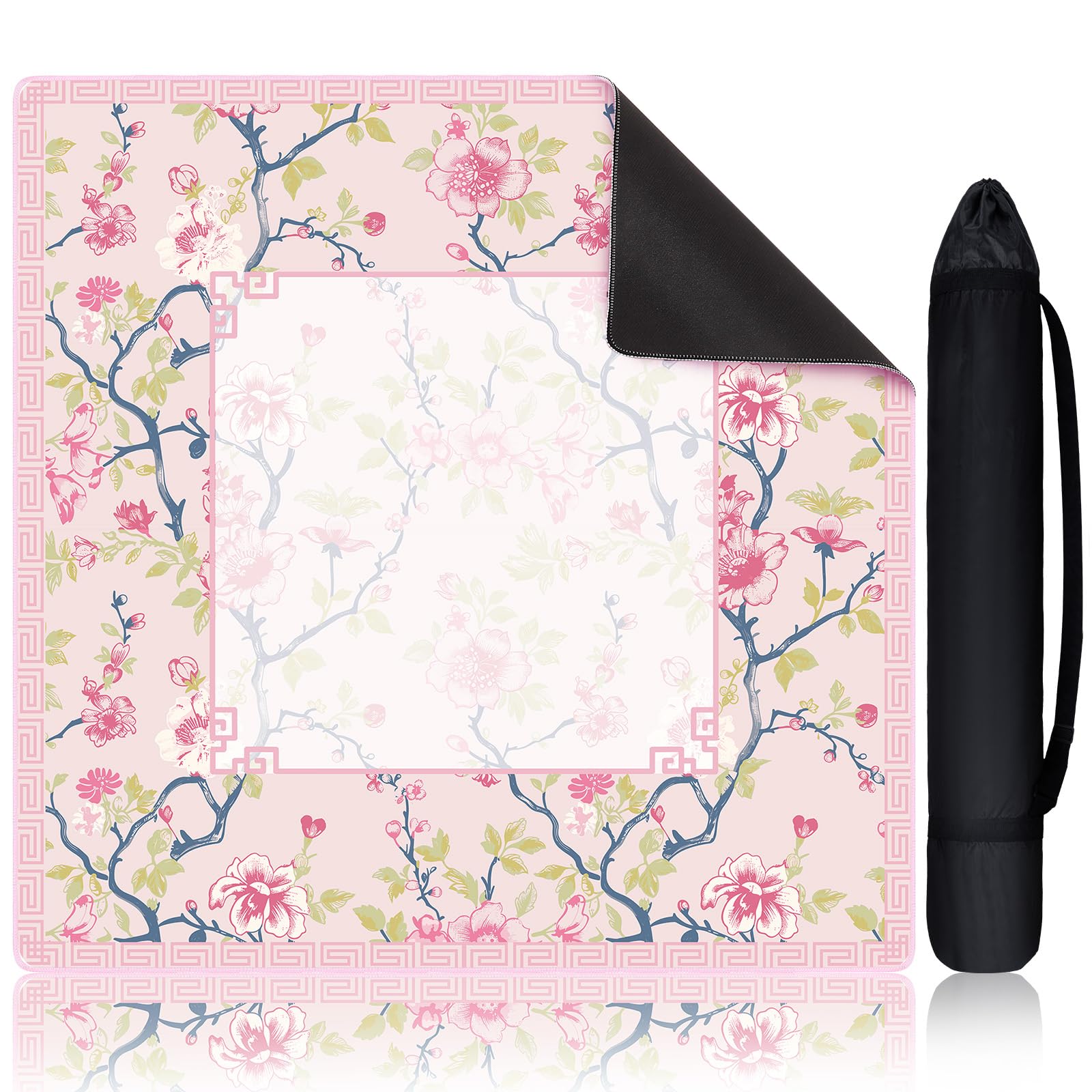 Photo 1 of Sonwyoung Chinoiserie Mahjong Mat with 1 Carrying Bag 31.5" x 31.5" Pink and White Rubber Anti Slip and Noise Reduction Multi Purpose Game Table Cover for Mahjong, Card, Board Tile Games
