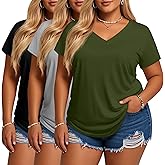 Evervibe 3 Pack Women's Plus Size T-Shirts, V Neck Short Sleeve Shirts Loose Fit Curved Hem Tees Casual Swing Tops