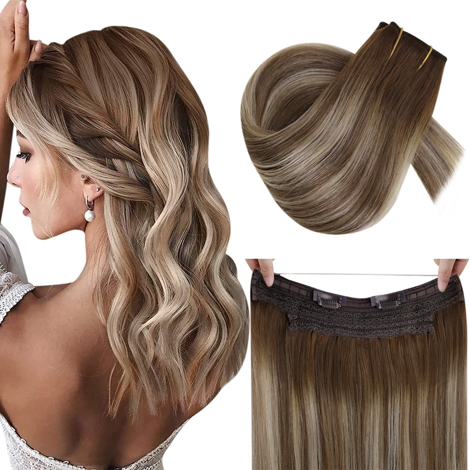 RUNATURE 16 Inch Invisible Wire Hair Extensions Real Human Hair Blonde Ombre Brown Secret Fish Line Hair Extensions Human Hair Remy Straight Hair 80g #3/8/22 — image 1