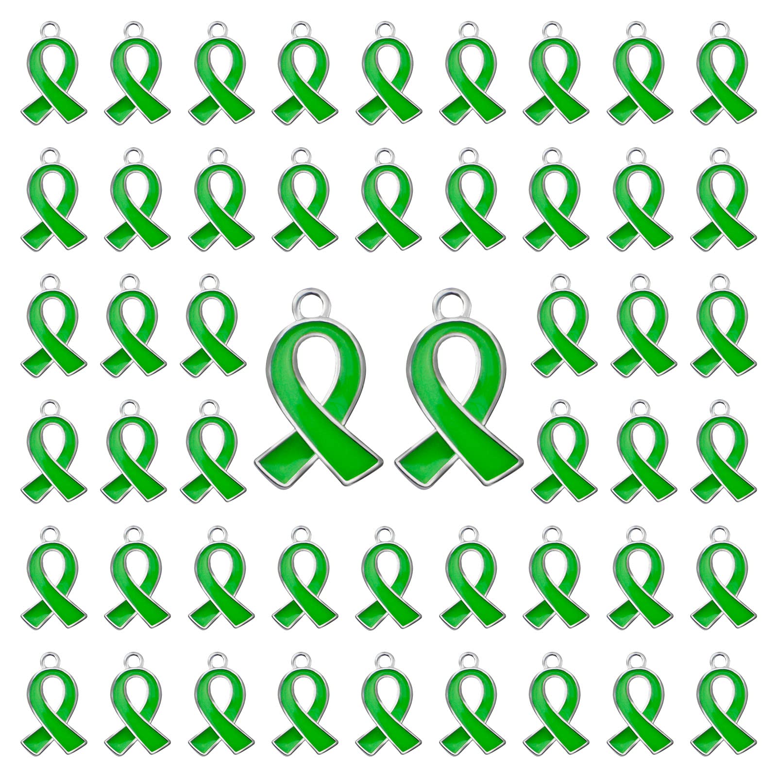 WANDIC 50 Pcs Green Ribbon Pendants, Mental Health, Liver Cancer, Environment Issue Hope Awareness Alloy Awareness Ribbon Charms for Jewelry Making (Green, 50)