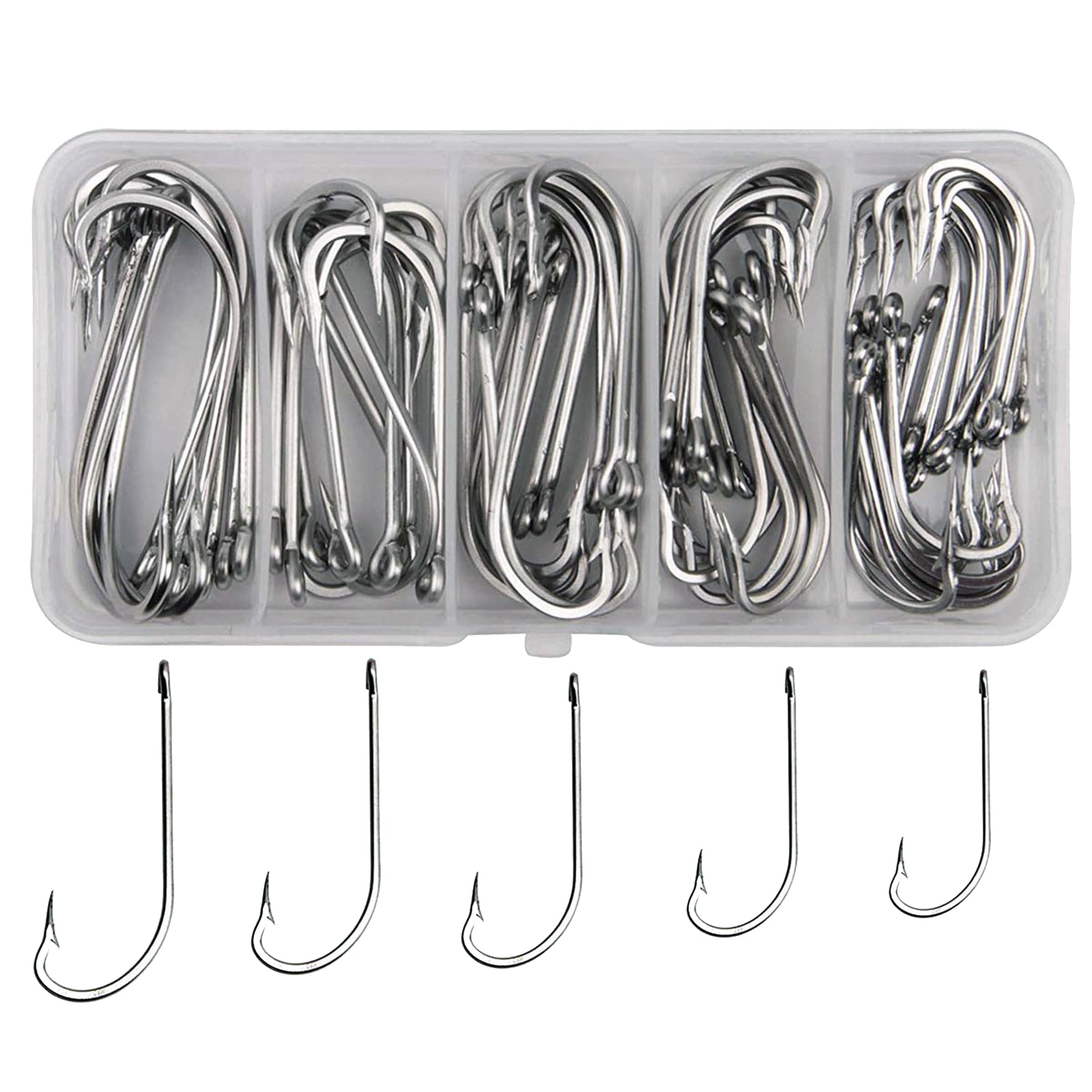 Saltwater Fishing Hooks Set, 50Pcs O'shaughnessy Stainless Steel Fish Hook Long Shank Forged J Fishing Hooks for Freshwater Saltwater Size 1/0-7/0