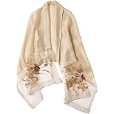 Jeelow Silk Wool Scarf Shawl Wrap Sheer Floral Embroidery Lightweight for Women's Wedding Party Prom Evening Dresses