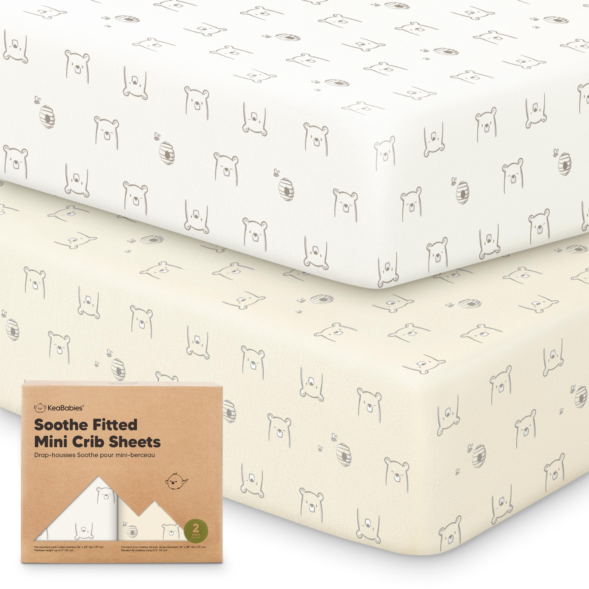 Photo 1 of 2-Pack Mini Crib Sheets Fitted - 38x26 Pack N Play Sheets for Pack and Play Mattress, Organic Cotton, Soft & Breathable Playard Bedding, Neutral Mini Toddler Bed Cover for Boys, Girls (Bumble Bear)