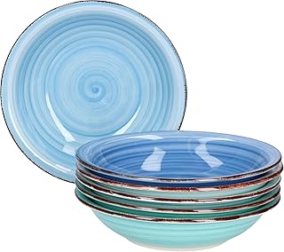 MamboCat Teller-Set Blue Baita für 6 Personen | Suppenteller tief | 750 ml | Salat-Teller | runde Servier-Schale | Steingut-Schüssel | handbemalt | Mehrfarbig