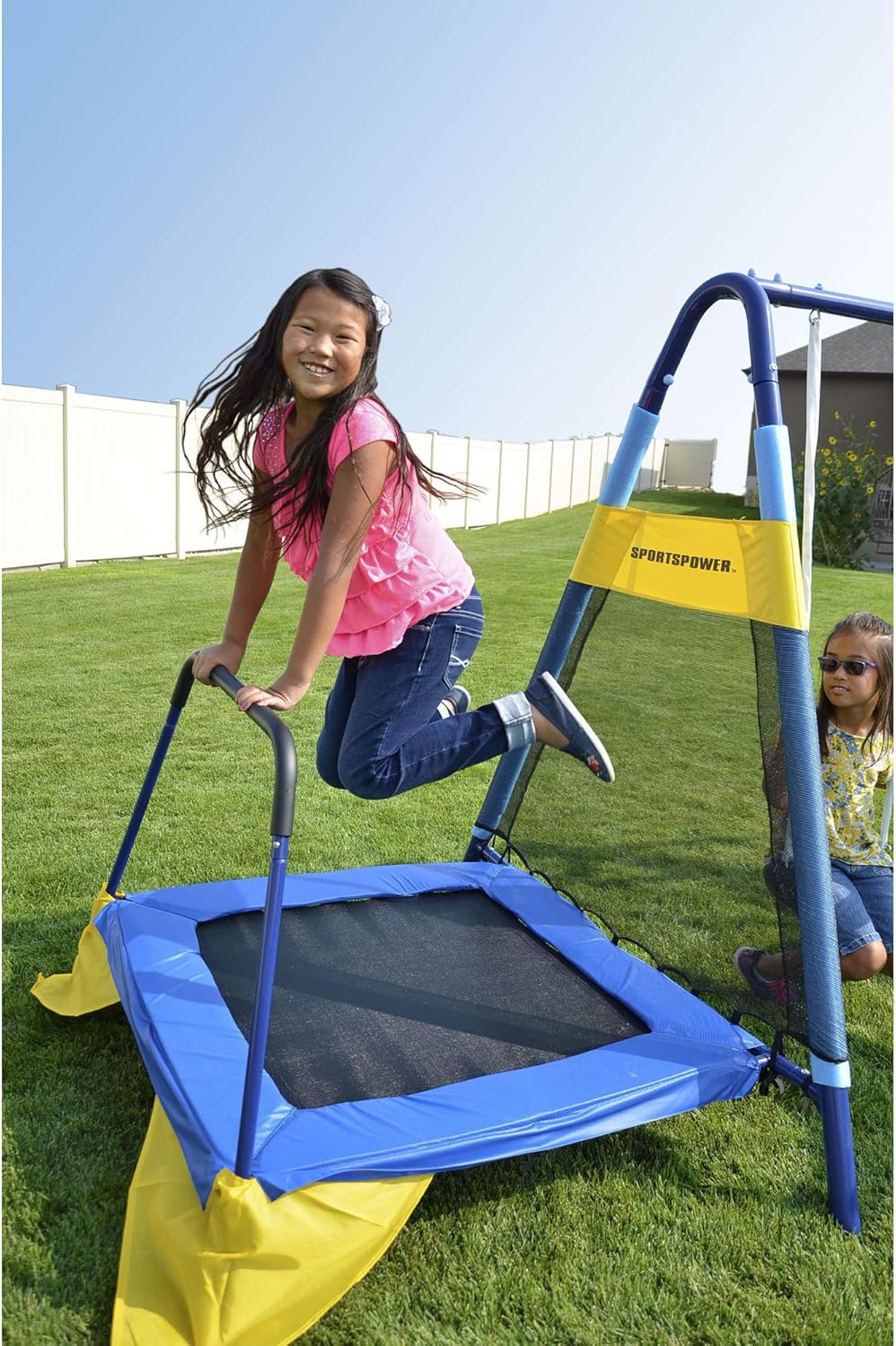 sportspower almansor metal slide and swing set with trampoline
