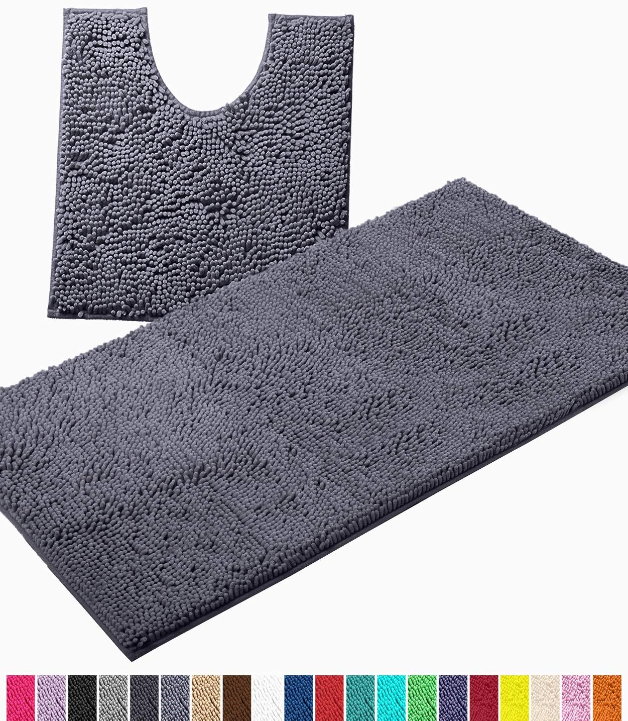 Bathroom Rugs by LuxUrux, Luxury Chenille 2-Piece Bath Mat Set, Soft Plush Bath Rug + U Shaped Toilet Mat.1'' Microfiber Shaggy Carpet, Super Absorbent Bath Mats. (Large, Dark Grey)
