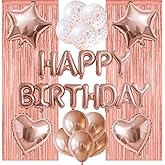 WEIKA 29 Pcs Rose Gold Birthday Party Decorations - Happy Birthday Balloons Banner, Heart & Star Foil Balloons, Confetti & Latex Balloon, Foil Fringe Curtains Party Supplies for Women, Girls