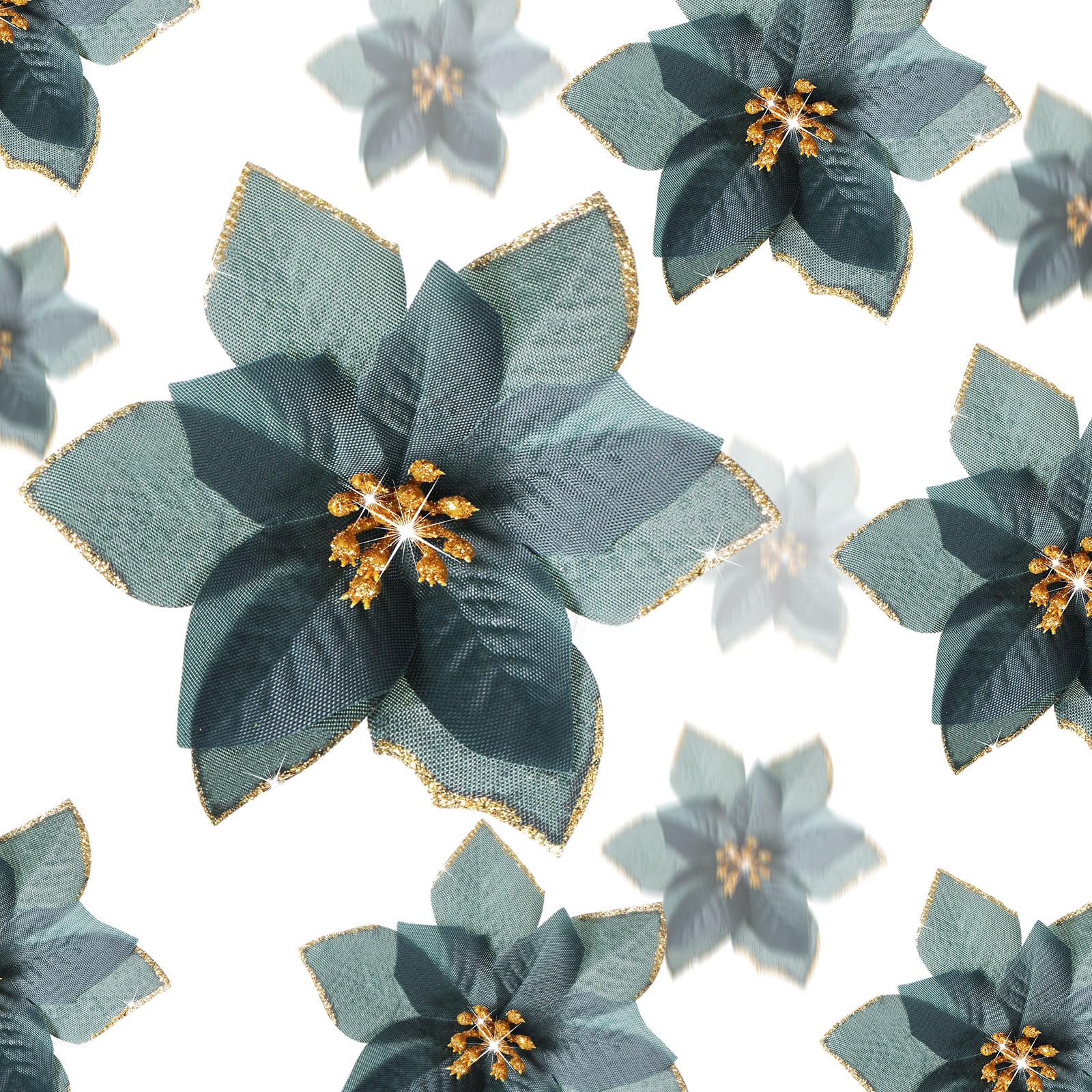 WILLBOND 24 Pieces 3 Size Christmas Glitter Poinsettia Flowers Wedding Faux Flowers Christmas Decoration Ornaments For Christmas tree New Year Home Outdoor Decoration (Black Green,3.2/4/6 Inches) โ image 1