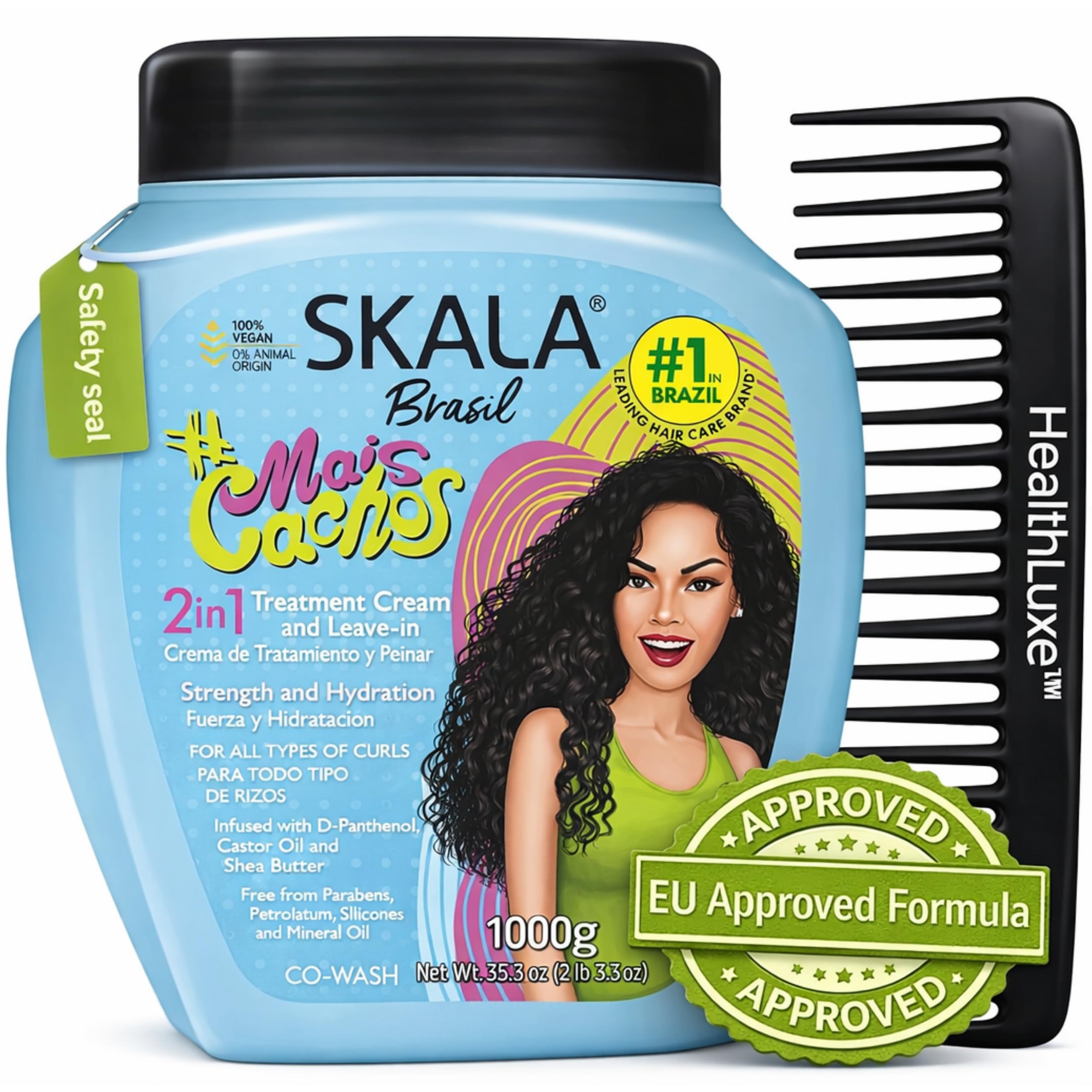 SKALA Mais Cachos Curly Hair Treatment 3ABC - Anti-Frizz, 2-in-1 Conditioning & Detangling Cream, Vegan, 1kg with Wide Tooth Hair Comb - Moisturising, Hydrating, Curl Defining, Sulfate/Silicone Free