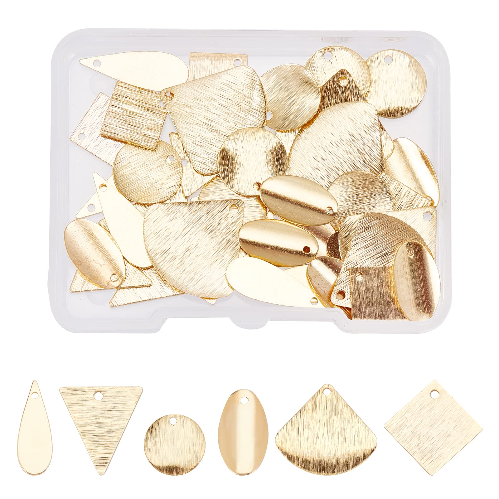SUPERFINDINGS 48Pcs 6 Styles Brass Pendants Charms Real 24K Gold Plated Brass Blank Charms Triangle Oval Square Fan Blank Stamping Tag Pendants for Bracelet Necklace Jewelry DIY Craft Making
