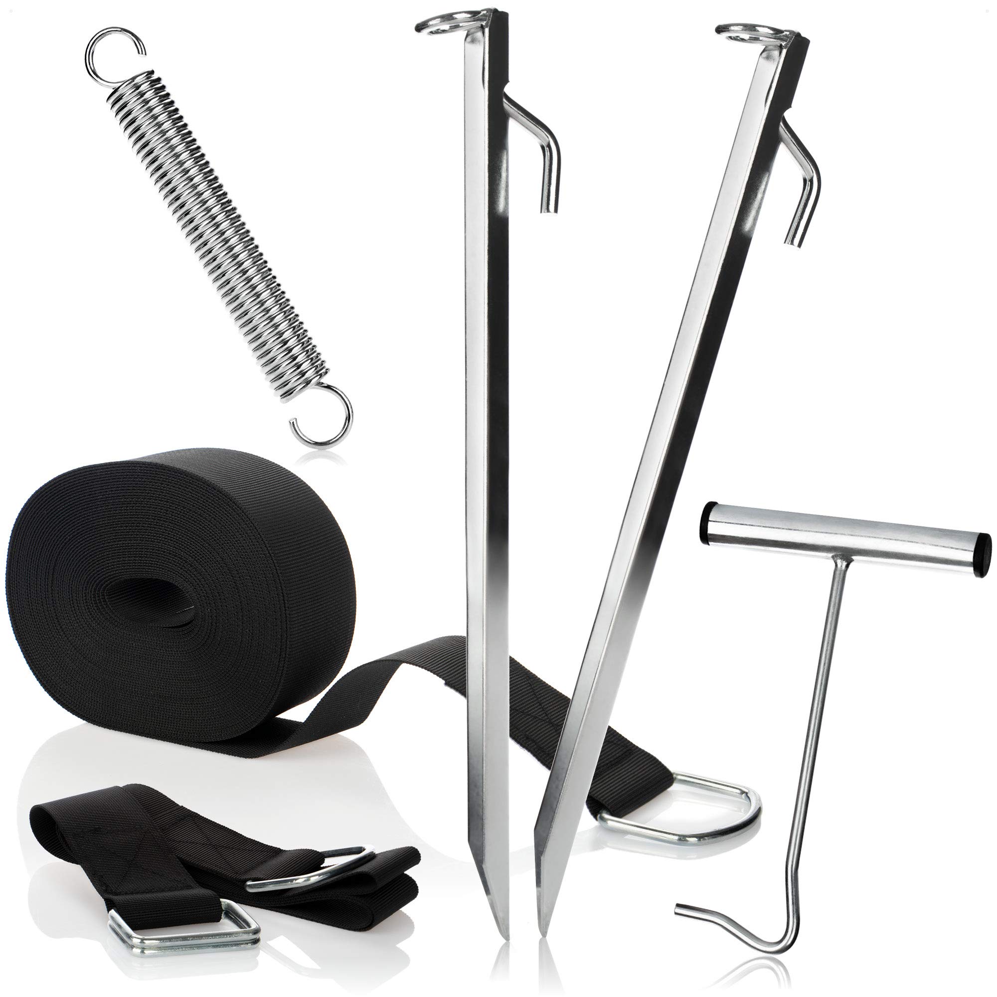 COM-FOUR® 6-Piece storm strap set with peg, spring, belt and peg puller - Storm straps for awning and awning - Awning attachment for camping (Mounting set)