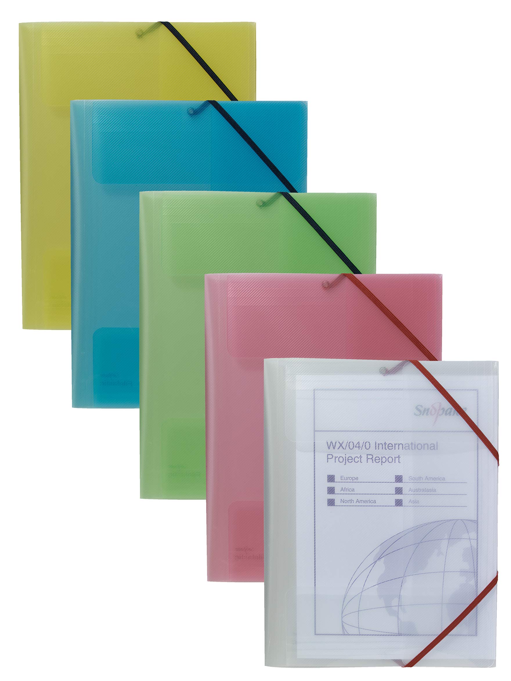 Snopake A4 FileLastic – Classic Assorted [Pack of 5] 3 Flap Polypropylene Folder with Elasticated Closure [12639] 12639
